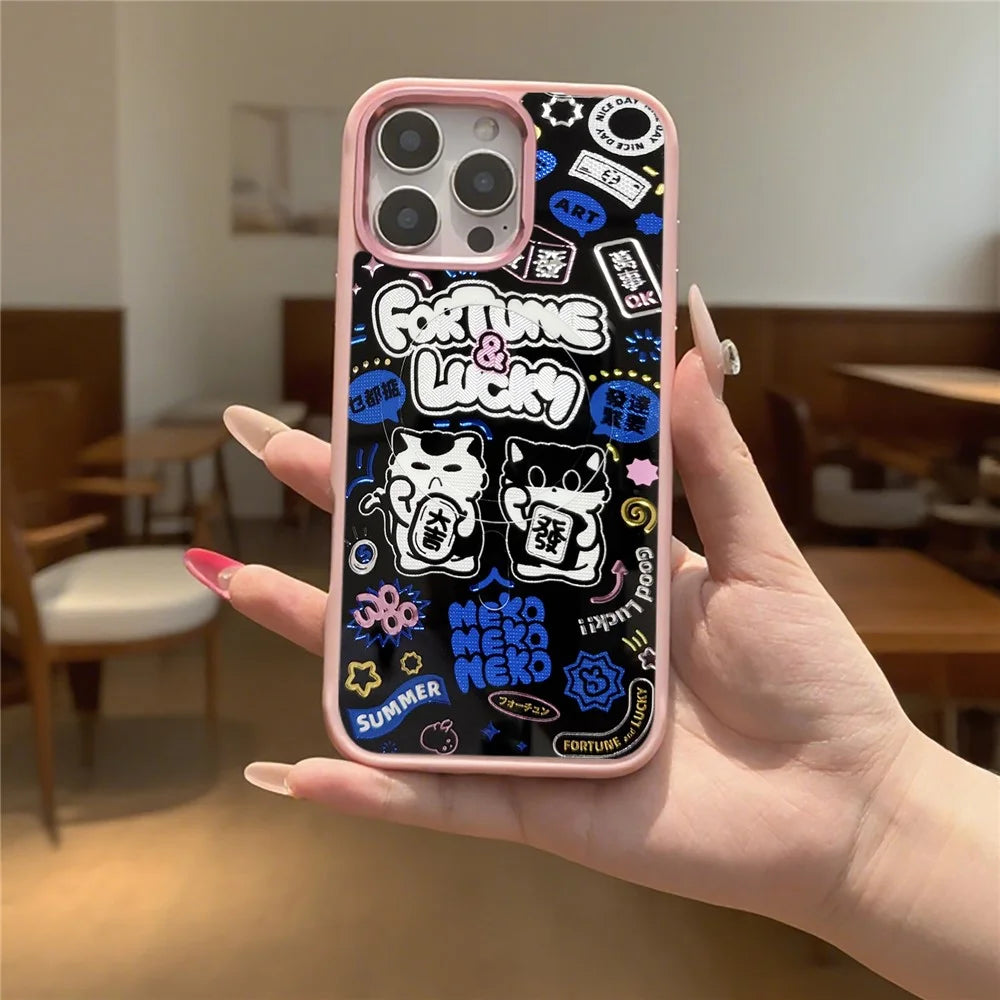 For iPhone 16 Pro Max Magnetic Case TPU PC Phone Cover with Detachable Blue Lucky Cat Backplate - Pink - 3