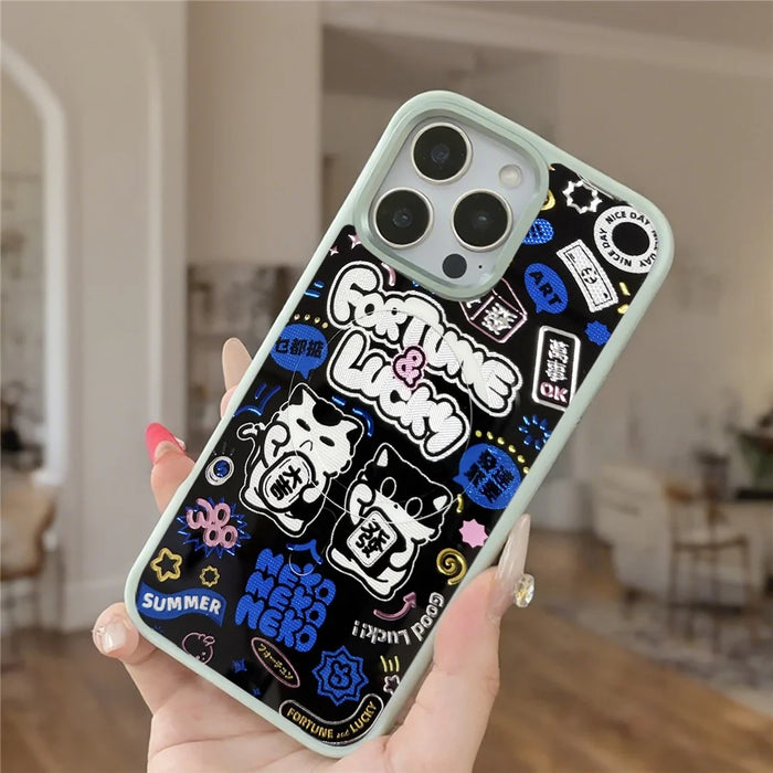 For iPhone 16 Pro Magnetic Case TPU PC Phone Cover with Detachable Blue Lucky Cat Backplate - Green - 3