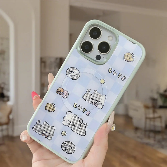 For iPhone 16 Pro Max Magnetic Case TPU PC Phone Cover with Detachable Cookie Bear Blue Backplate - Green - 4