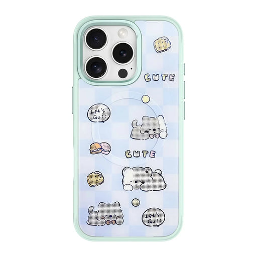For iPhone 16 Pro Magnetic Case TPU PC Phone Cover with Detachable Cookie Bear Blue Backplate - Green - 1