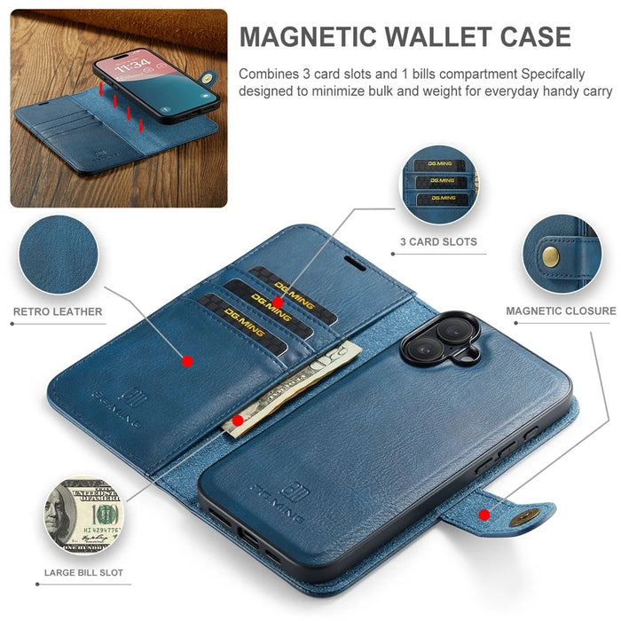 DG.MING for iPhone 17 Case Detachable Split Leather Phone Cover - Blue - 4