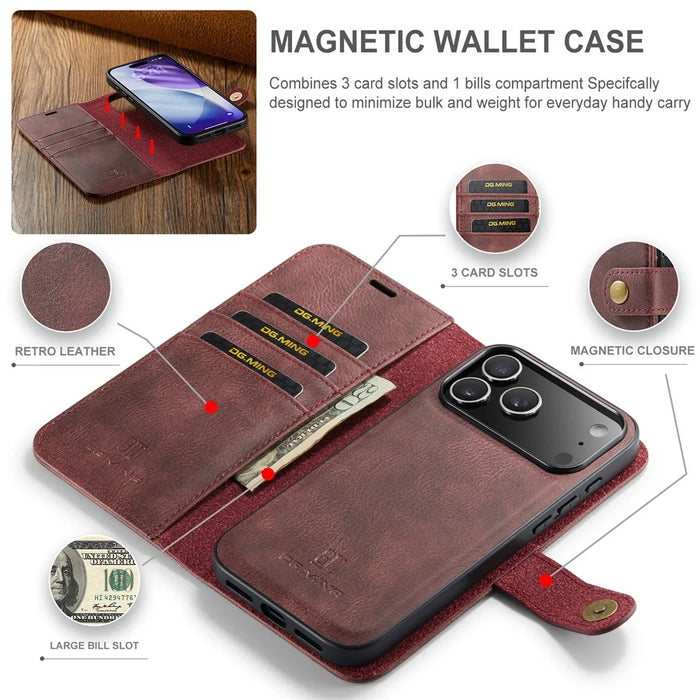 DG.MING for iPhone 18 Pro / 17 Pro Case Detachable Split Leather Phone Cover - Red - 4