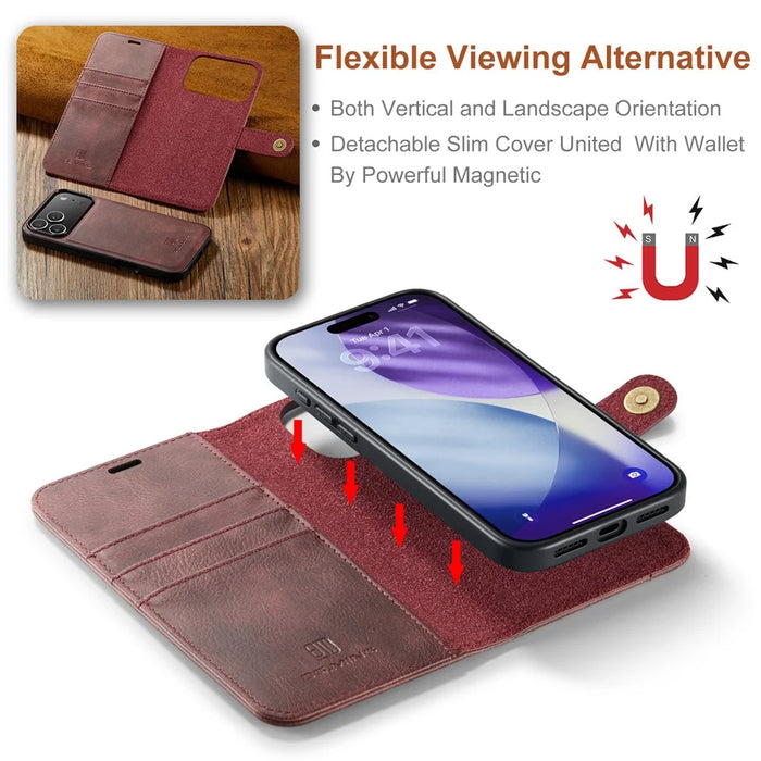 DG.MING for iPhone 18 Pro / 17 Pro Case Detachable Split Leather Phone Cover - Red - 5