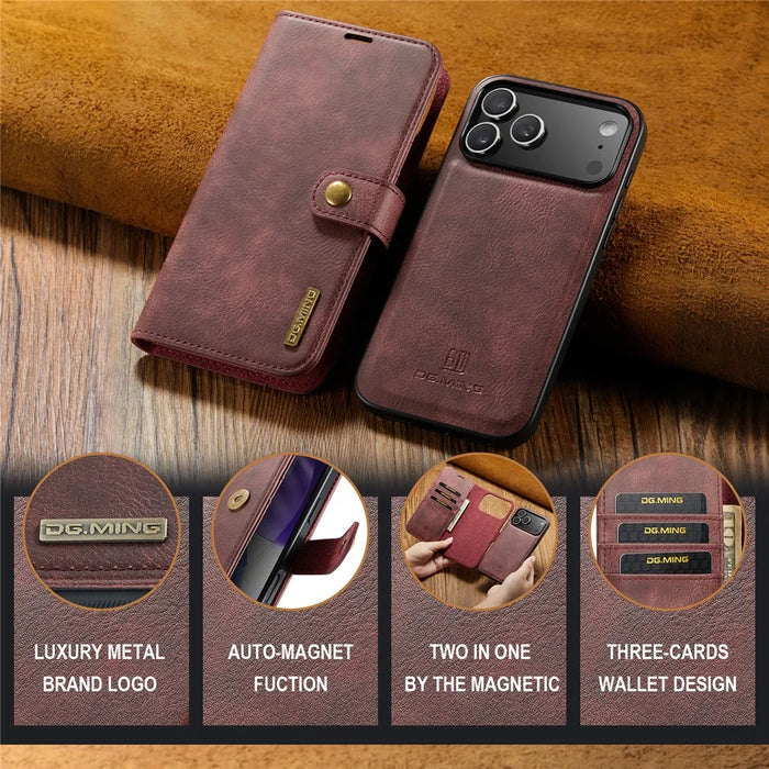 DG.MING for iPhone 18 Pro / 17 Pro Case Detachable Split Leather Phone Cover - Red - 6