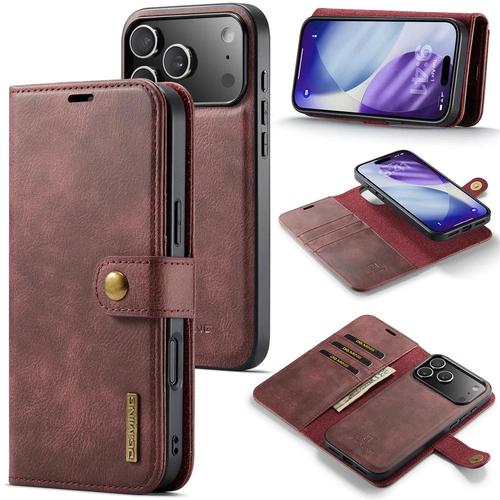 DG.MING for iPhone 18 Pro Max / 17 Pro Max Case Detachable Split Leather Phone Cover - Red - 1