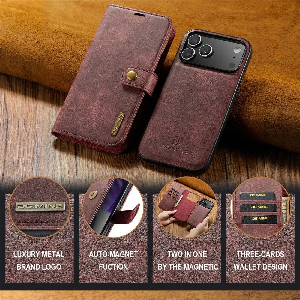 DG.MING for iPhone 18 Pro Max / 17 Pro Max Case Detachable Split Leather Phone Cover - Red - 6
