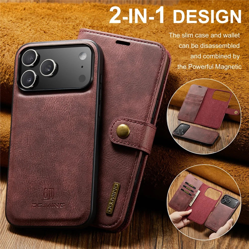 DG.MING for iPhone 18 Pro Max / 17 Pro Max Case Detachable Split Leather Phone Cover - Red - 7