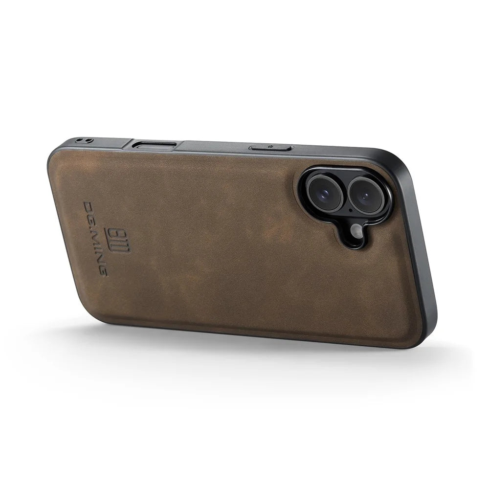 DG.MING For iPhone 17 Case PU Leather Covered PC + TPU Hybrid Phone Shell - Coffee - 5