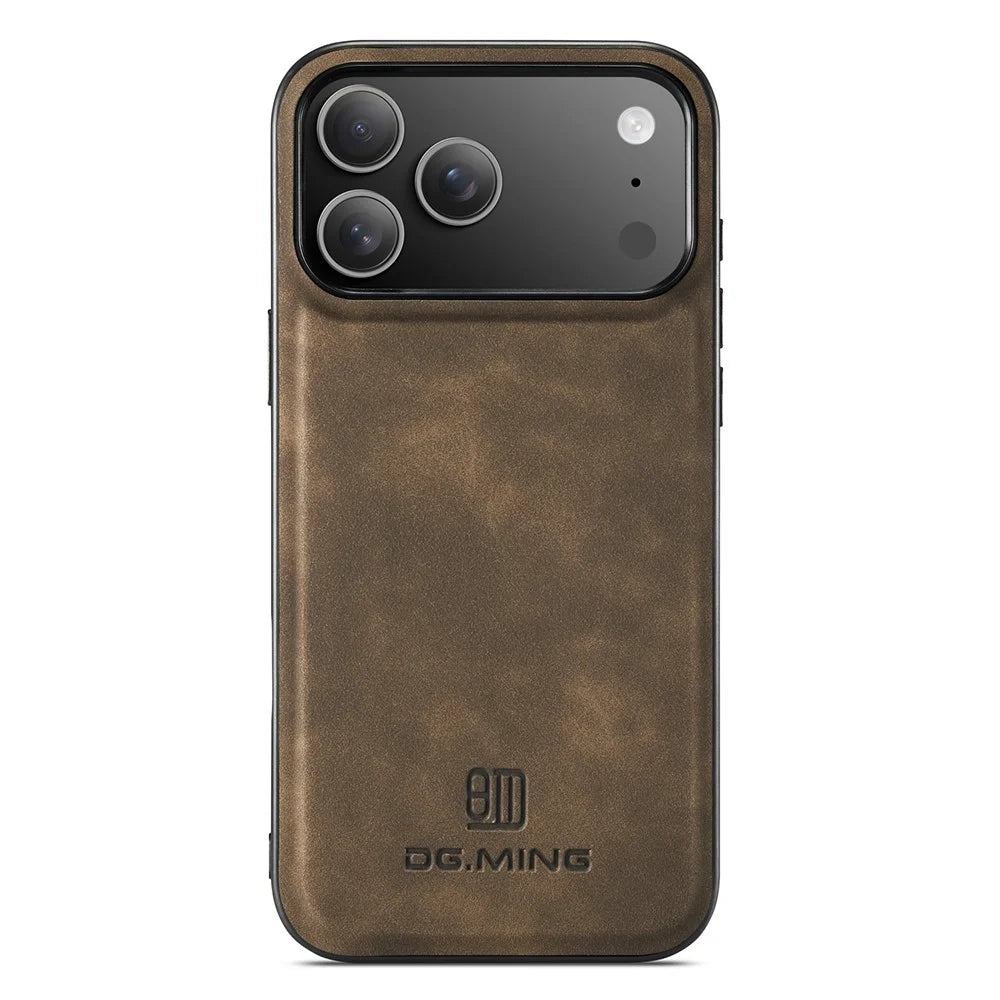DG.MING For iPhone 18 Pro / 17 Pro Case PU Leather Covered PC + TPU Hybrid Phone Shell - Coffee - 1