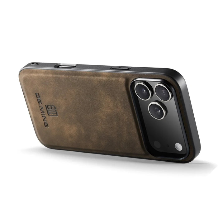DG.MING For iPhone 18 Pro / 17 Pro Case PU Leather Covered PC + TPU Hybrid Phone Shell - Coffee - 5
