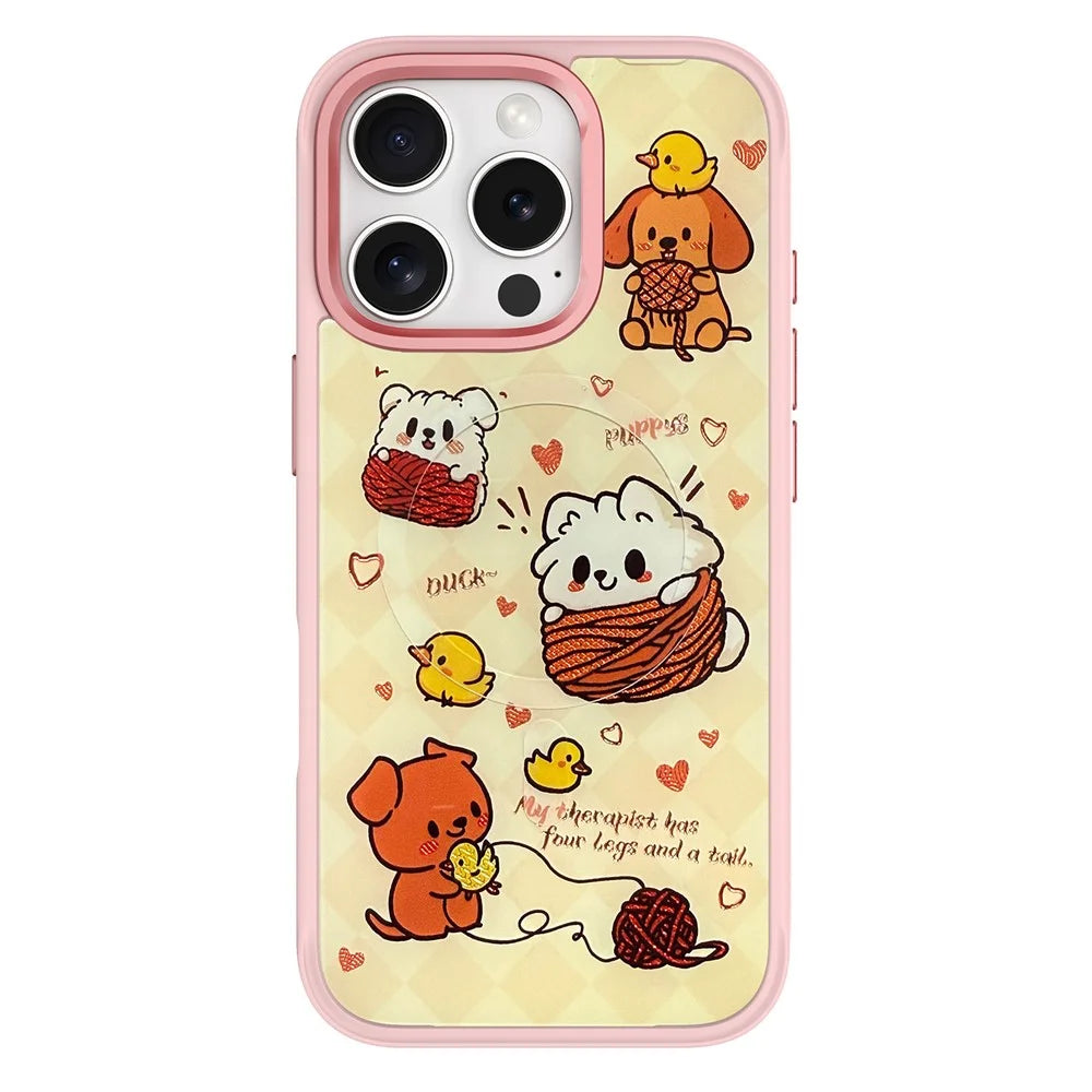 For iPhone 16 Pro Max Magnetic Case TPU PC Phone Cover with Yellow Duck Knitted Cat Backplate - Pink - 1