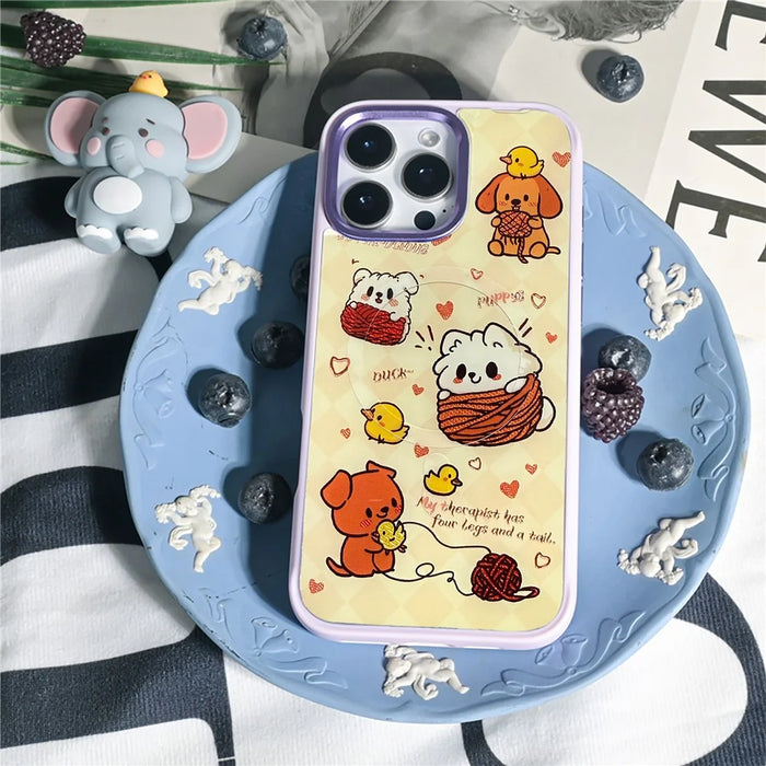 For iPhone 16 Pro Max Magnetic Case TPU PC Phone Cover with Yellow Duck Knitted Cat Backplate - Pink - 4