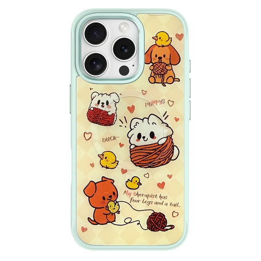 For iPhone 16 Pro Magnetic Case TPU PC Phone Cover with Yellow Duck Knitted Cat Backplate - Green - 1