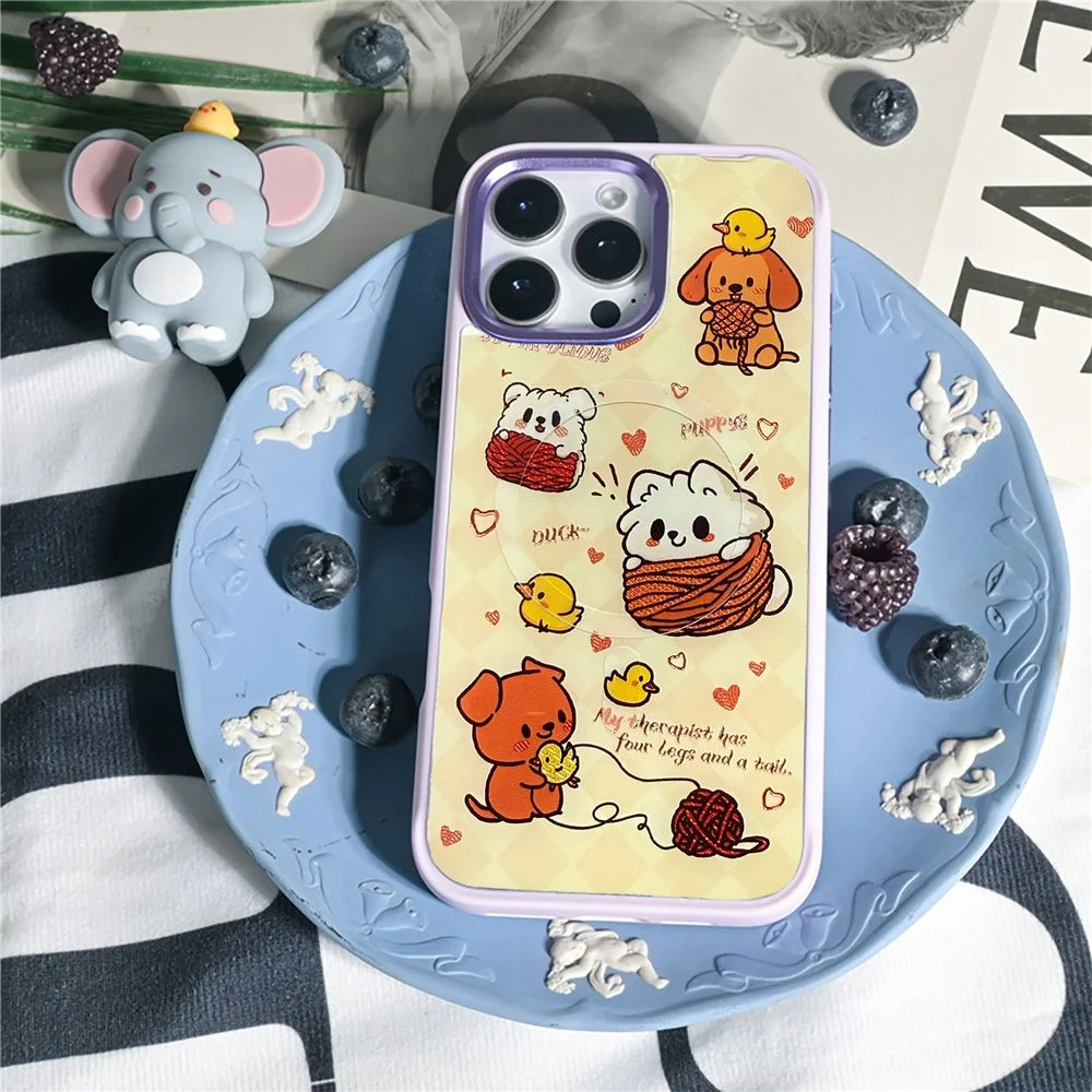 For iPhone 16 Pro Magnetic Case TPU PC Phone Cover with Yellow Duck Knitted Cat Backplate - Green - 3