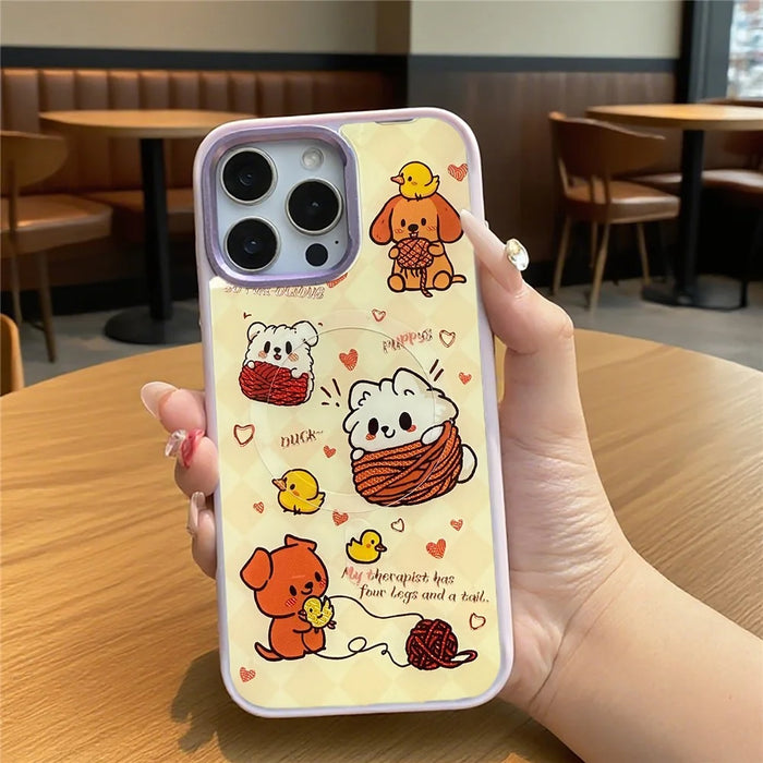 For iPhone 16 Pro Magnetic Case TPU PC Phone Cover with Yellow Duck Knitted Cat Backplate - Green - 6