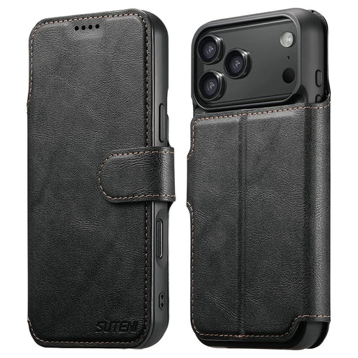 SUTENI Q-05 For iPhone 17 Pro Max Wallet Case 2 in 1 Detachable Leather Flip Phone Cover with Stand - Black - 1