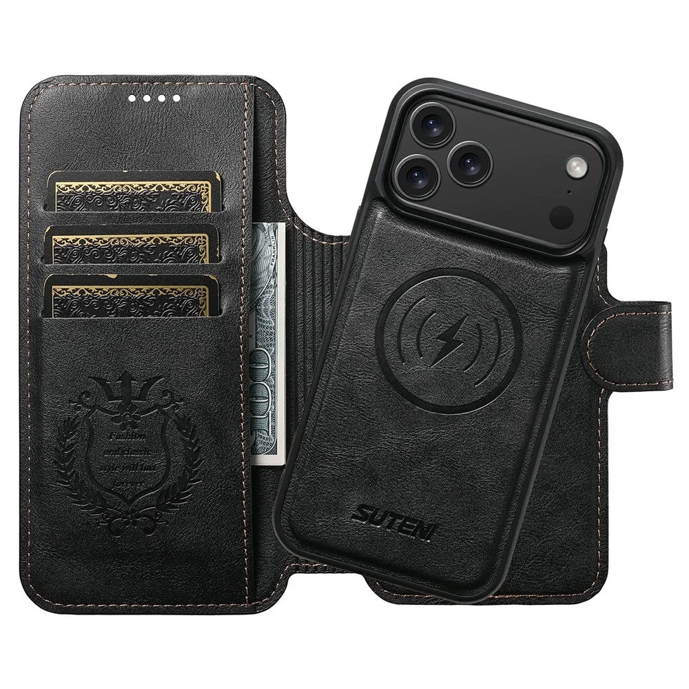 SUTENI Q-05 For iPhone 17 Pro Max Wallet Case 2 in 1 Detachable Leather Flip Phone Cover with Stand - Black - 4