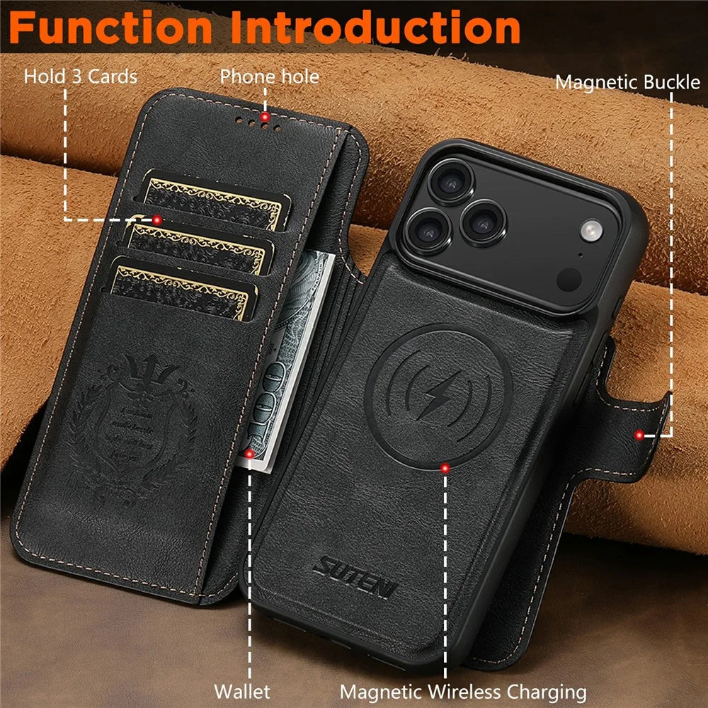 SUTENI Q-05 For iPhone 17 Pro Max Wallet Case 2 in 1 Detachable Leather Flip Phone Cover with Stand - Black - 7