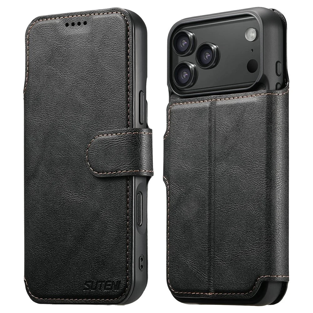 SUTENI Q-05 For iPhone 17 Pro Wallet Case 2 in 1 Detachable Leather Flip Phone Cover with Stand - Black - 1