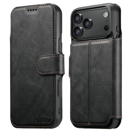 SUTENI Q-05 For iPhone 17 Pro Wallet Case 2 in 1 Detachable Leather Flip Phone Cover with Stand - Black - 1