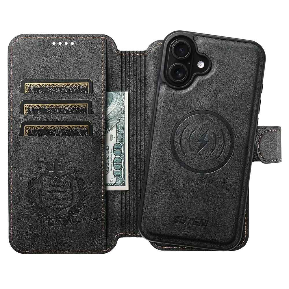 SUTENI Q-05 For iPhone 17 Wallet Case 2 in 1 Detachable Leather Flip Phone Cover with Stand - Black - 4