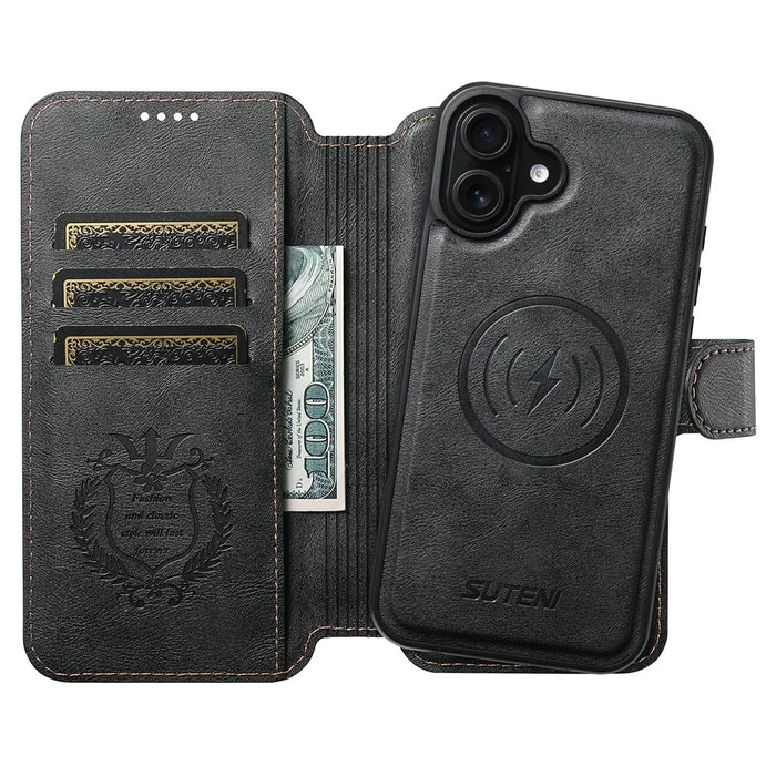 SUTENI Q-05 For iPhone 17 Wallet Case 2 in 1 Detachable Leather Flip Phone Cover with Stand - Black - 4