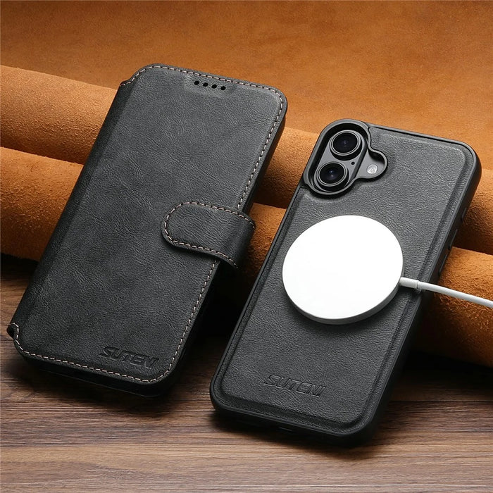 SUTENI Q-05 For iPhone 17 Wallet Case 2 in 1 Detachable Leather Flip Phone Cover with Stand - Black - 6