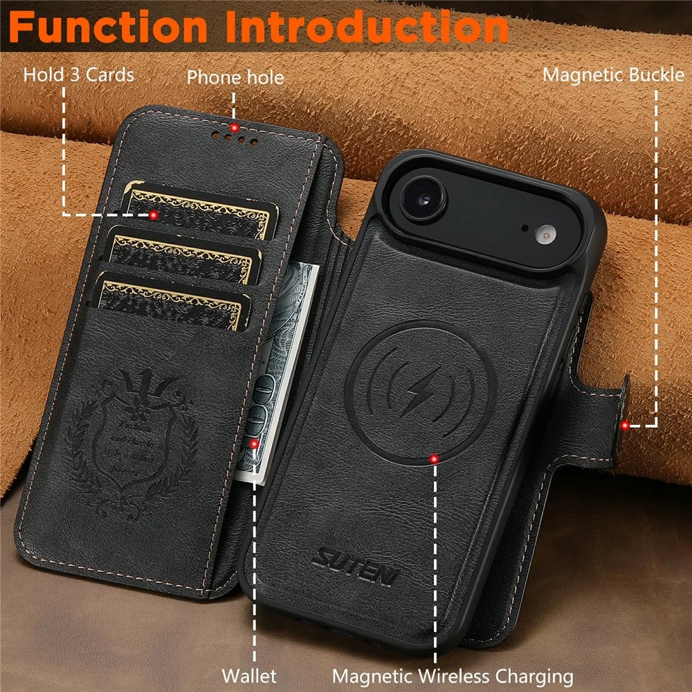 SUTENI Q-05 For iPhone Air Wallet Case 2 in 1 Detachable Leather Flip Phone Cover with Stand - Black - 5