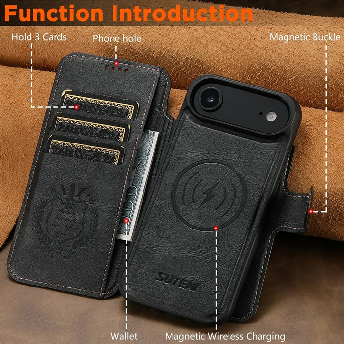 SUTENI Q-05 For iPhone Air Wallet Case 2 in 1 Detachable Leather Flip Phone Cover with Stand - Black - 5