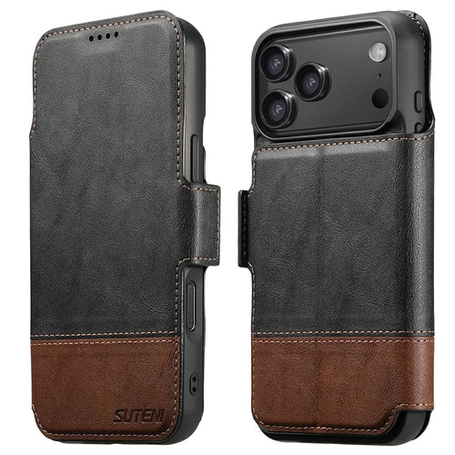 SUTENI Q-06 For iPhone 17 Pro Max Case Color Splicing Magnetic Detachable Leather Phone Cover - Black - 1