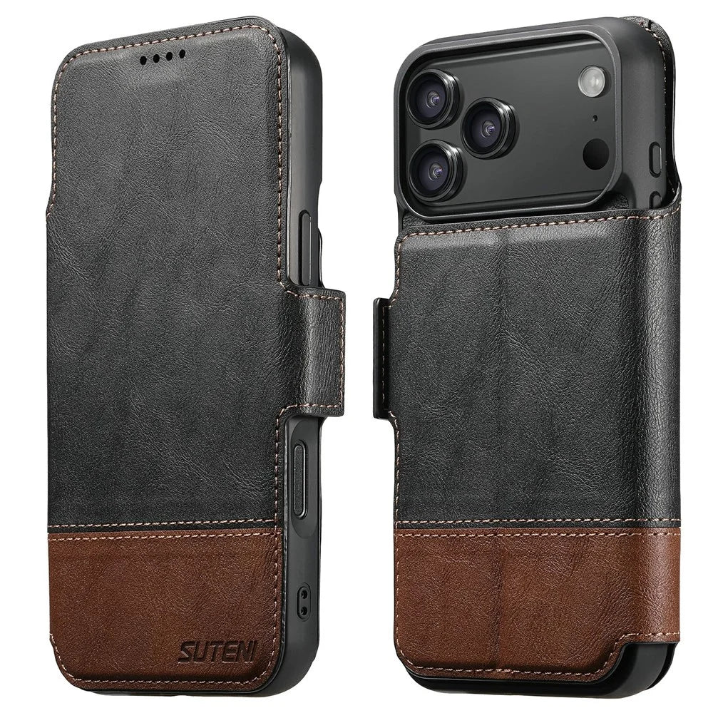 SUTENI Q-06 For iPhone 17 Pro Max Case Color Splicing Magnetic Detachable Leather Phone Cover - Black - 1