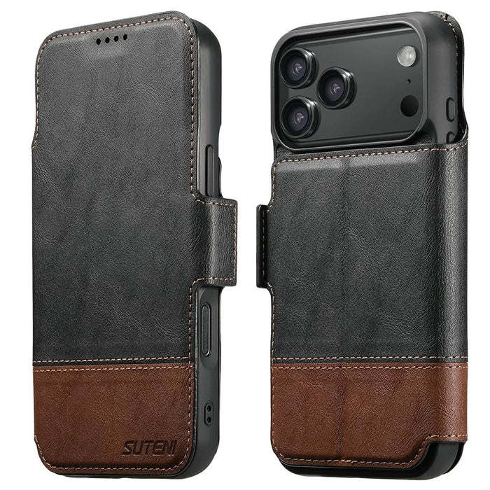 SUTENI Q-06 For iPhone 17 Pro Max Case Color Splicing Magnetic Detachable Leather Phone Cover - Black - 1