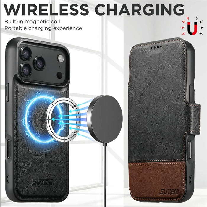 SUTENI Q-06 For iPhone 17 Pro Max Case Color Splicing Magnetic Detachable Leather Phone Cover - Black - 7