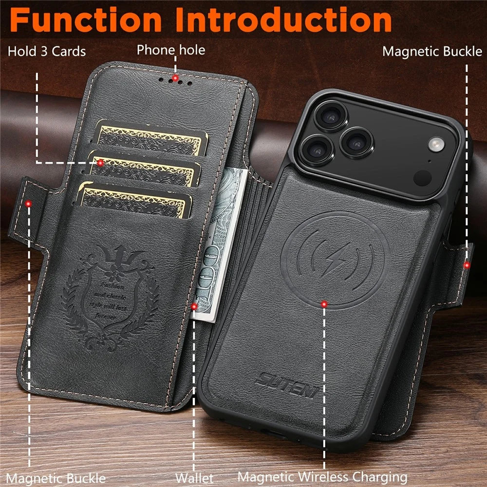 SUTENI Q-06 For iPhone 17 Pro Case Color Splicing Magnetic Detachable Leather Phone Cover - Black - 6
