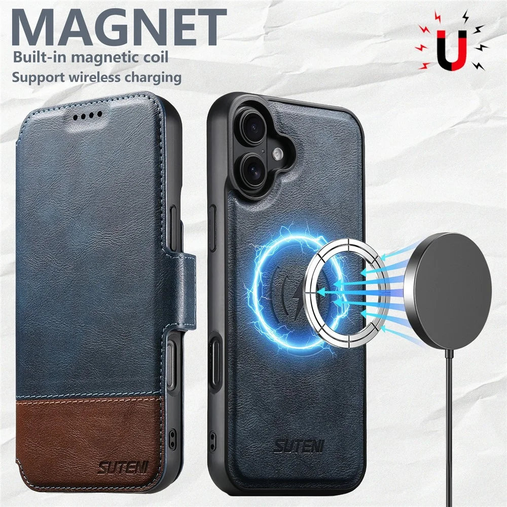 SUTENI Q-06 For iPhone 17 Case Color Splicing Magnetic Detachable Leather Phone Cover - Blue - 4