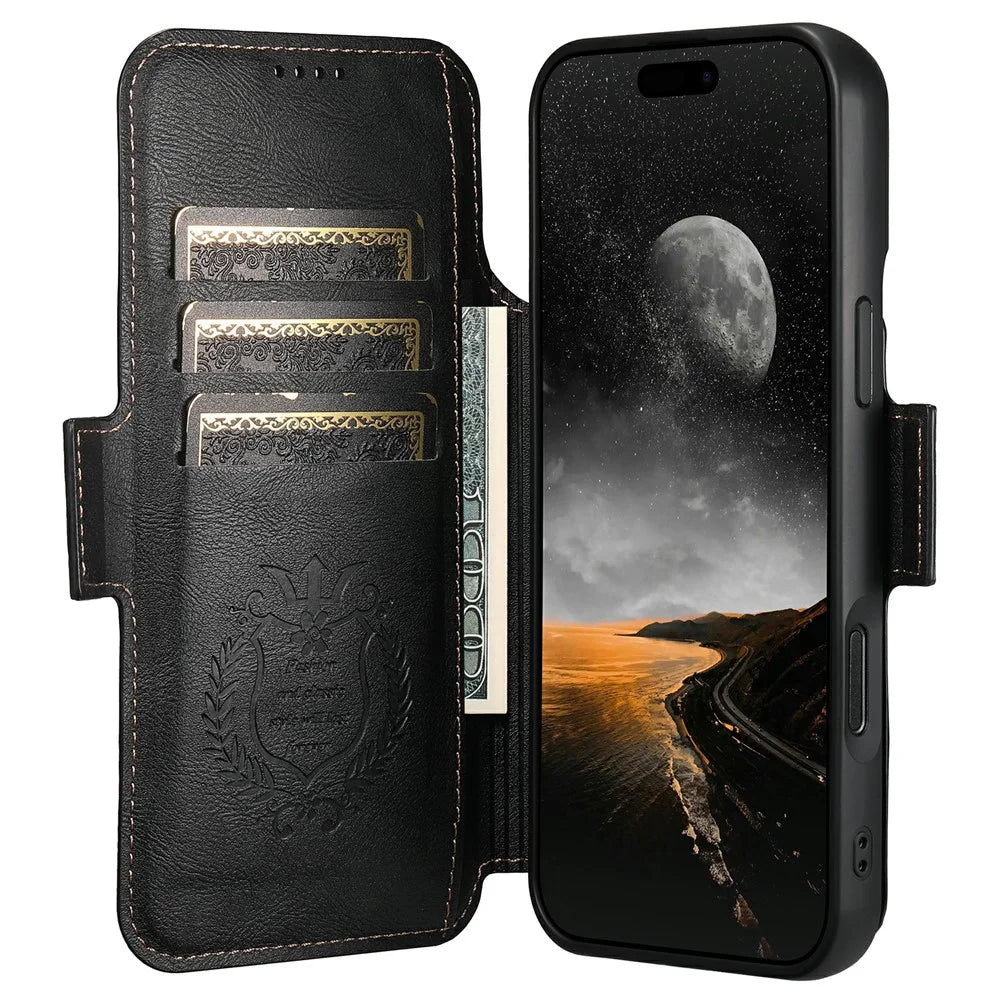 SUTENI Q-07 For iPhone 17 Pro Max Case Magnetic Color Splicing Cowhide Texture Leather Cover - Black - 2