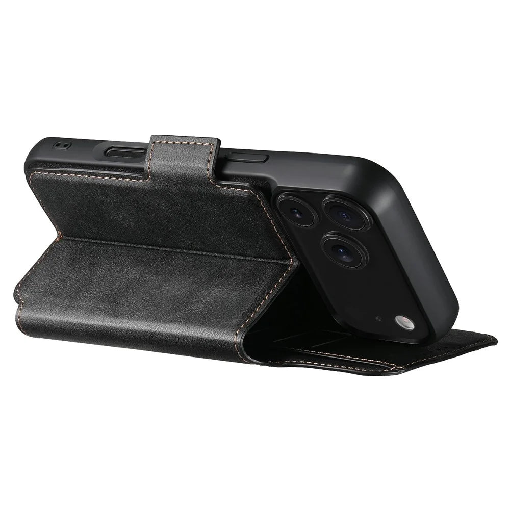 SUTENI Q-07 For iPhone 17 Pro Max Case Magnetic Color Splicing Cowhide Texture Leather Cover - Black - 3