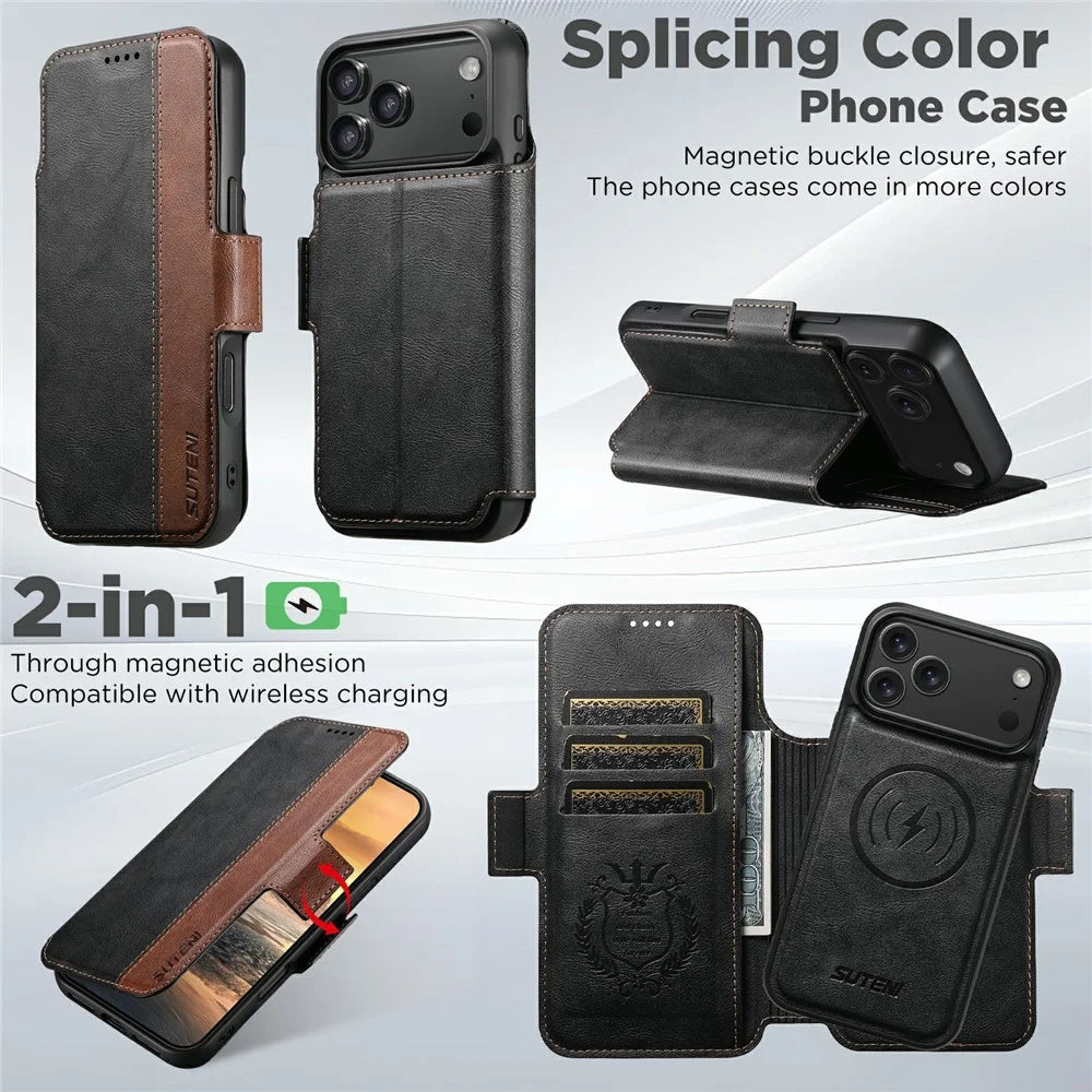 SUTENI Q-07 For iPhone 17 Pro Max Case Magnetic Color Splicing Cowhide Texture Leather Cover - Black - 5