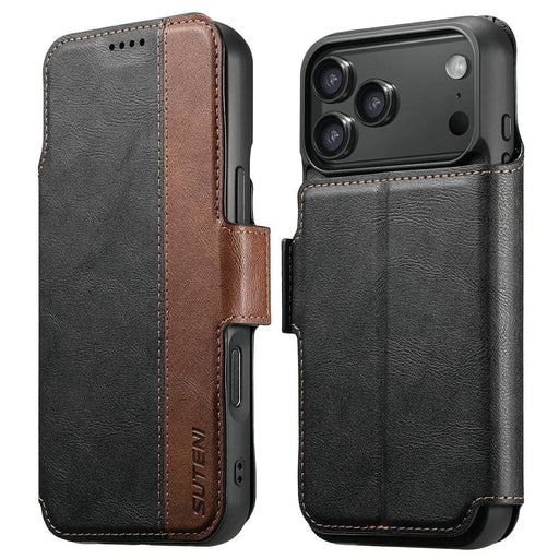 SUTENI Q-07 For iPhone 17 Pro Case Magnetic Color Splicing Cowhide Texture Leather Cover - Black - 1