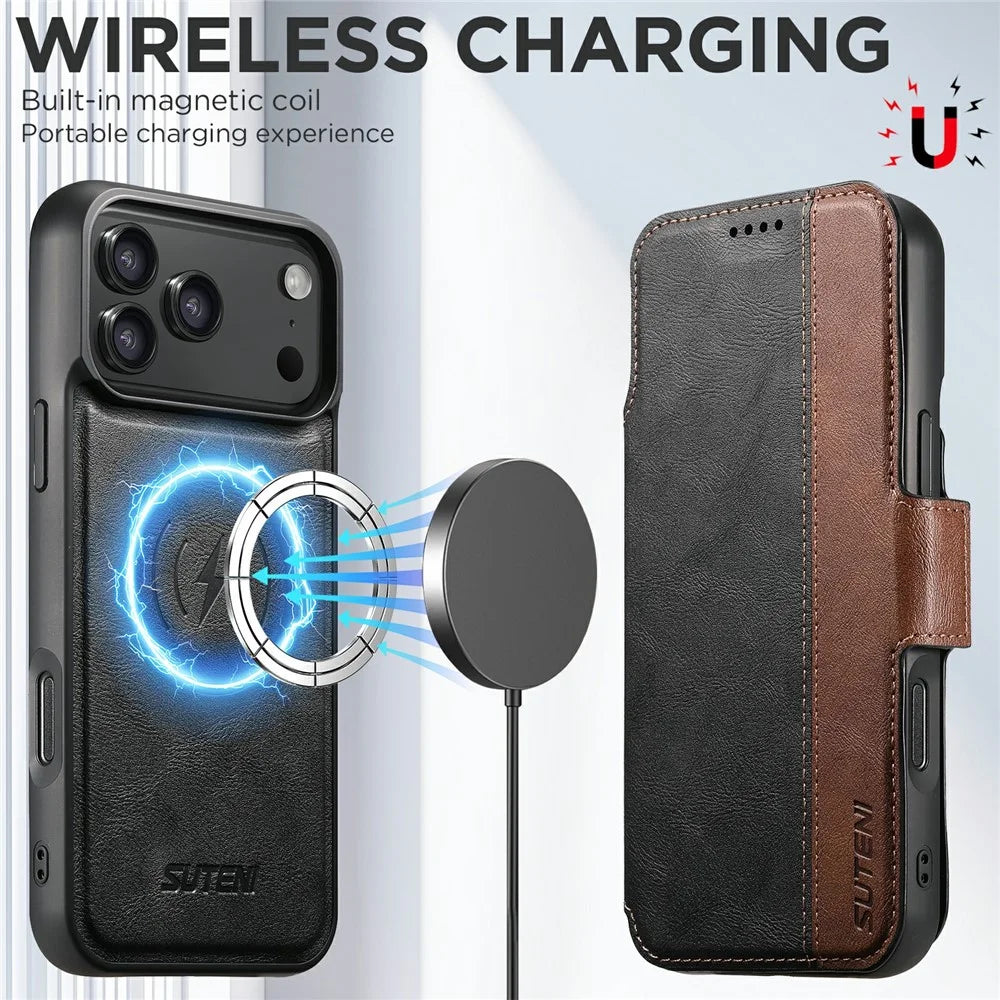 SUTENI Q-07 For iPhone 17 Pro Case Magnetic Color Splicing Cowhide Texture Leather Cover - Black - 6
