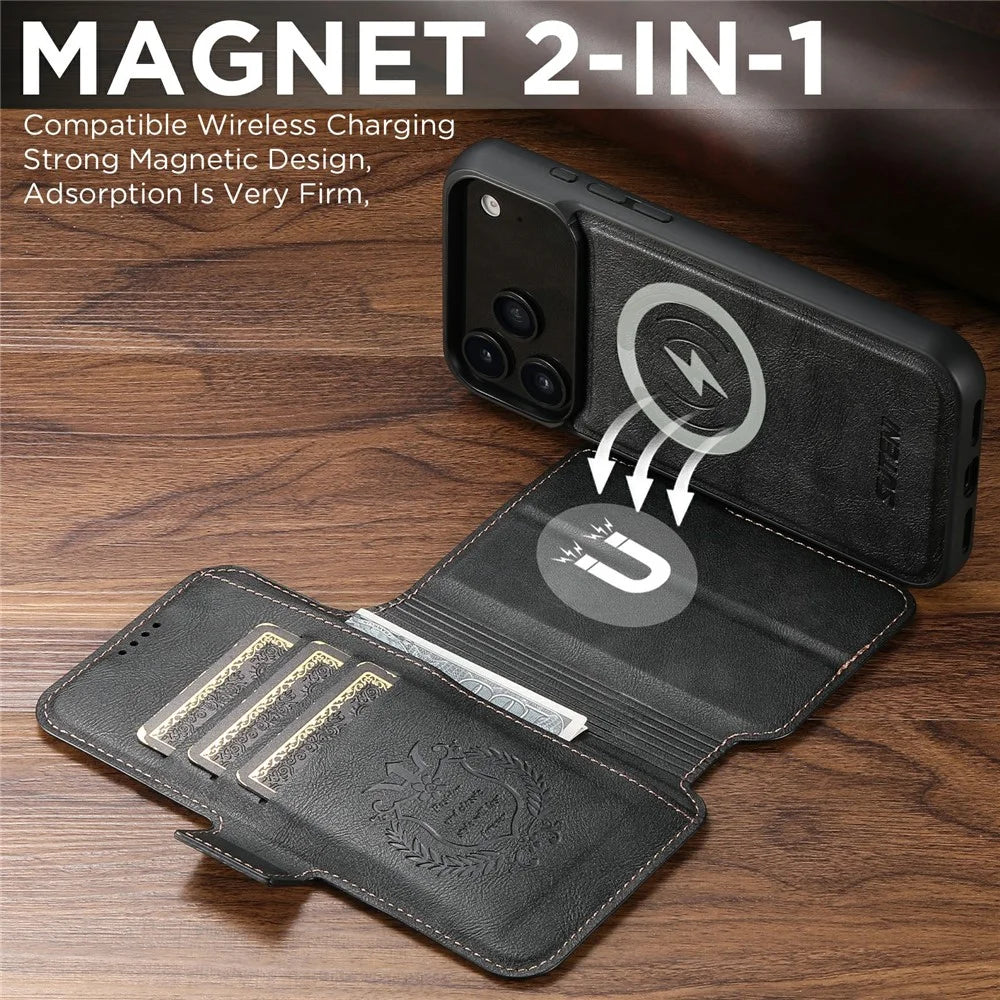 SUTENI Q-07 For iPhone 17 Pro Case Magnetic Color Splicing Cowhide Texture Leather Cover - Black - 7