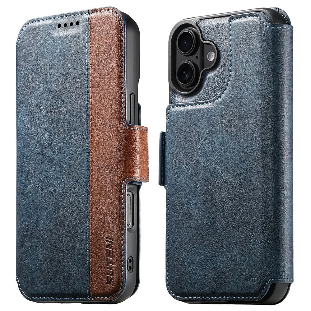 SUTENI Q-07 For iPhone 17 Case Magnetic Color Splicing Cowhide Texture Leather Cover - Blue - 1
