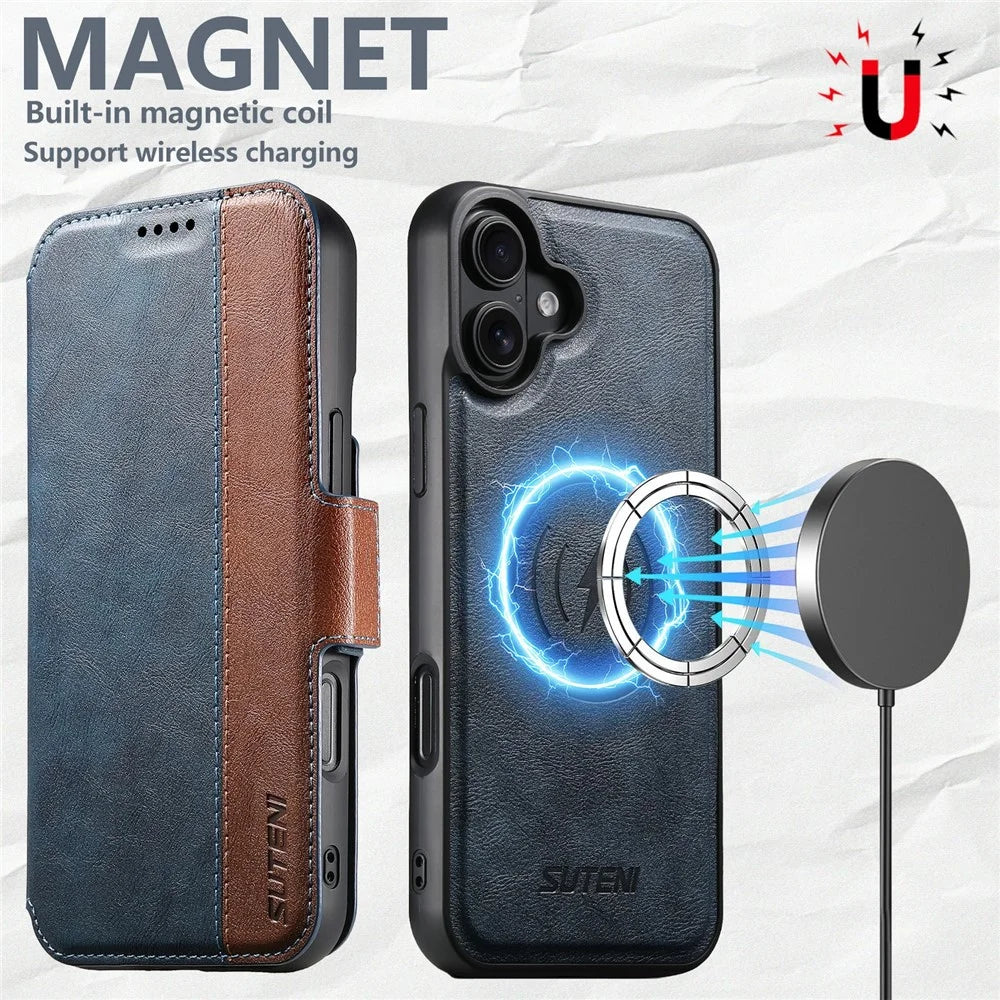 SUTENI Q-07 For iPhone 17 Case Magnetic Color Splicing Cowhide Texture Leather Cover - Blue - 3