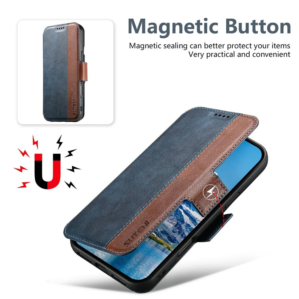 SUTENI Q-07 For iPhone 17 Case Magnetic Color Splicing Cowhide Texture Leather Cover - Blue - 4