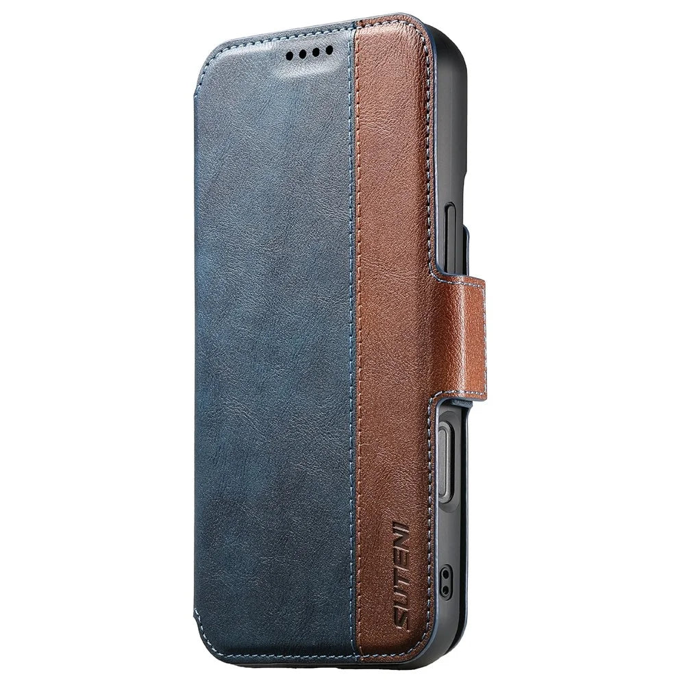 SUTENI Q-07 For iPhone 17 Case Magnetic Color Splicing Cowhide Texture Leather Cover - Blue - 6