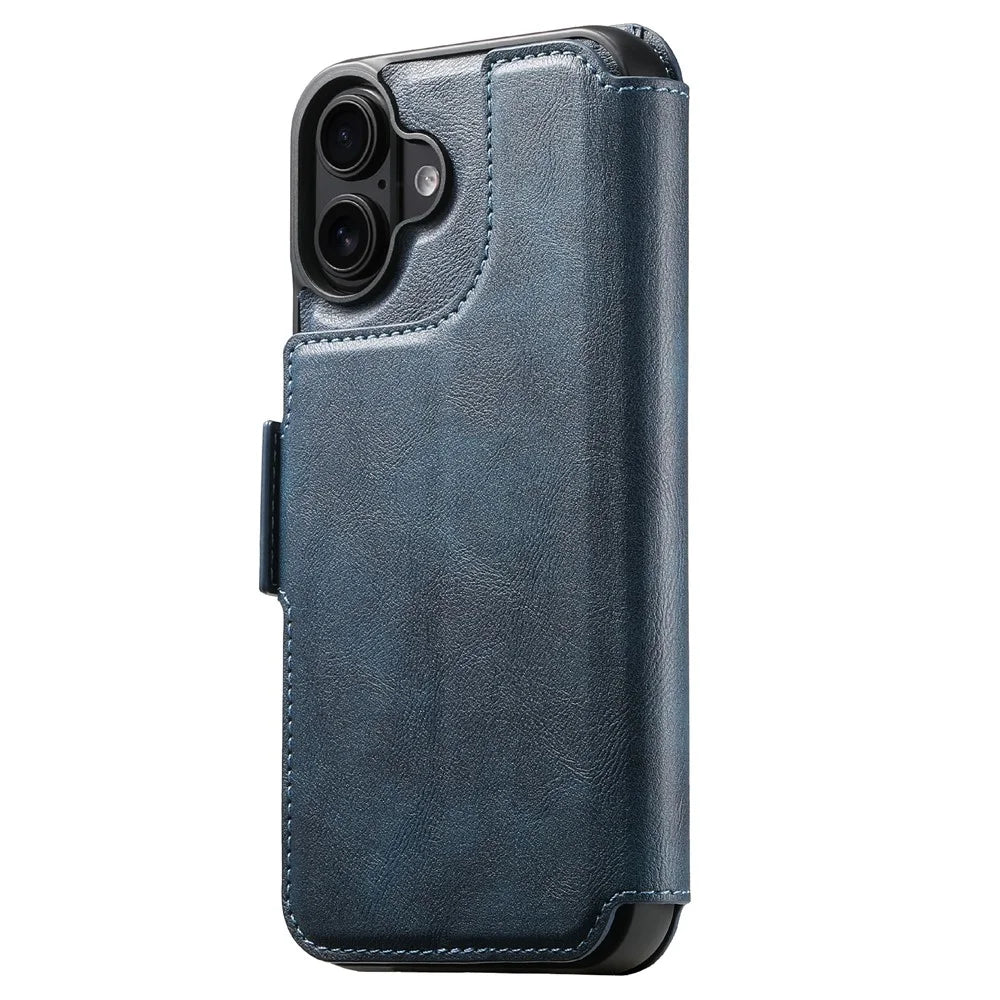SUTENI Q-07 For iPhone 17 Case Magnetic Color Splicing Cowhide Texture Leather Cover - Blue - 7