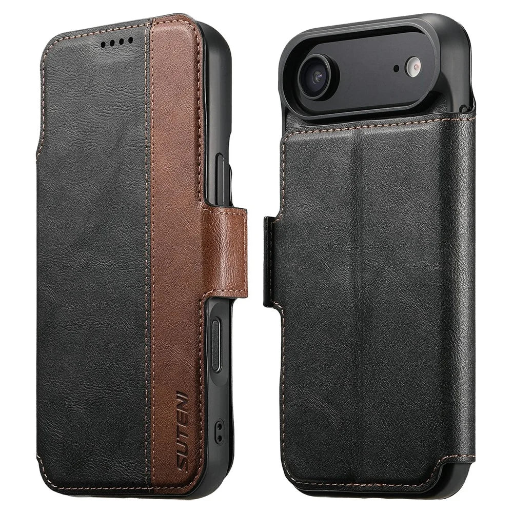 SUTENI Q-07 For iPhone Air Case Magnetic Color Splicing Cowhide Texture Leather Cover - Black - 1