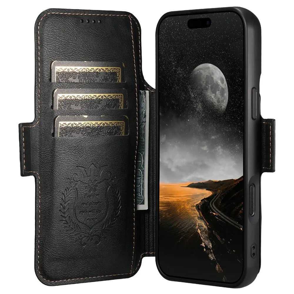 SUTENI Q-07 For iPhone Air Case Magnetic Color Splicing Cowhide Texture Leather Cover - Black - 2