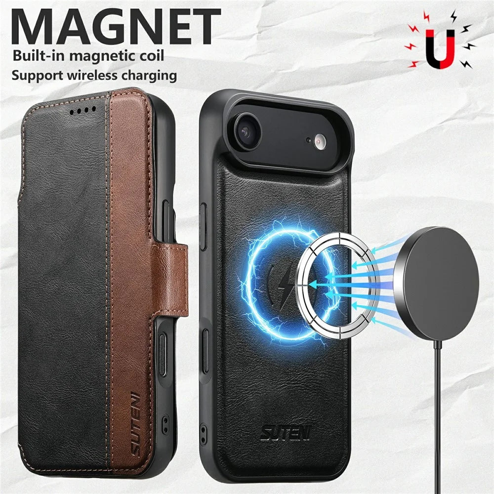 SUTENI Q-07 For iPhone Air Case Magnetic Color Splicing Cowhide Texture Leather Cover - Black - 5