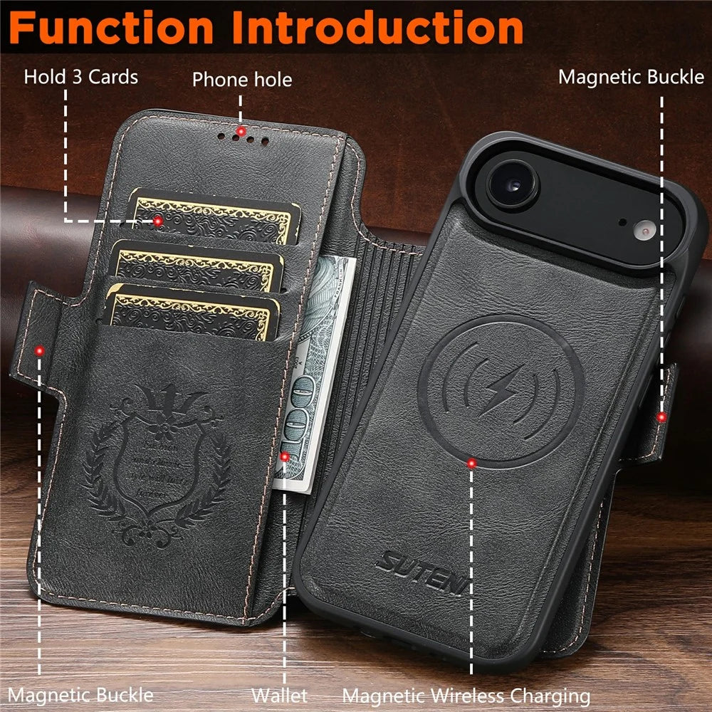 SUTENI Q-07 For iPhone Air Case Magnetic Color Splicing Cowhide Texture Leather Cover - Black - 6